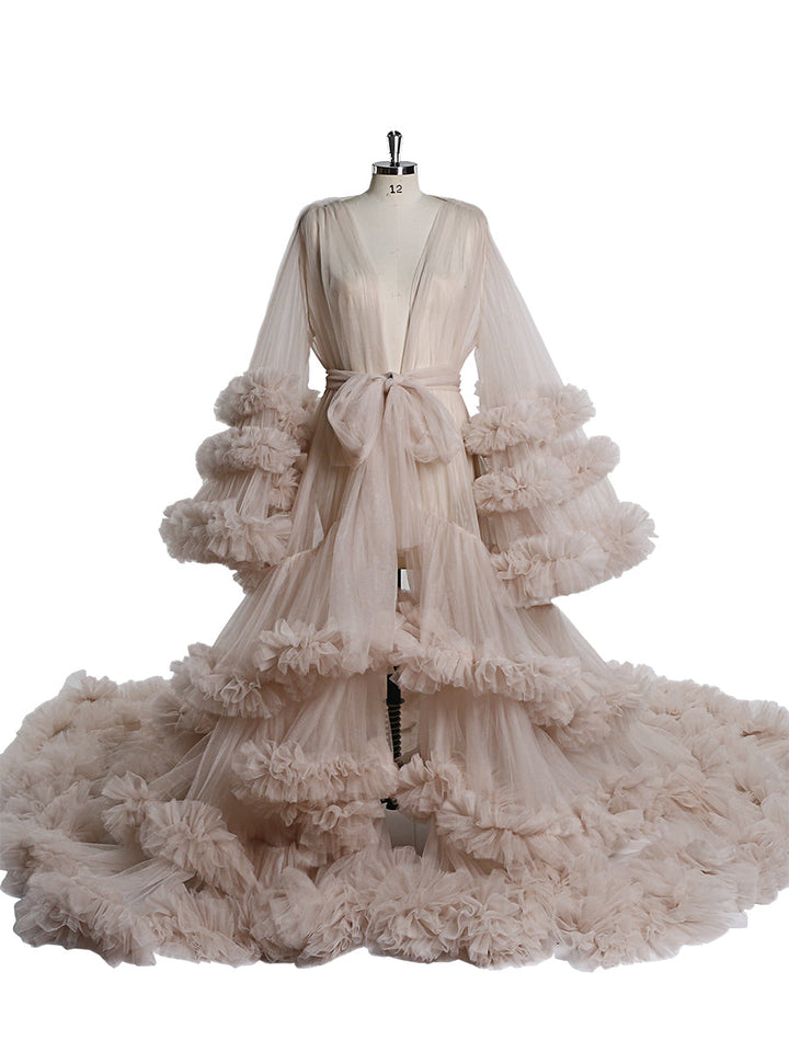 Langes Umstandskleid mit Tüllrüschen für Babyparty, Fotografie, Schwangeres Kleid YW220931 