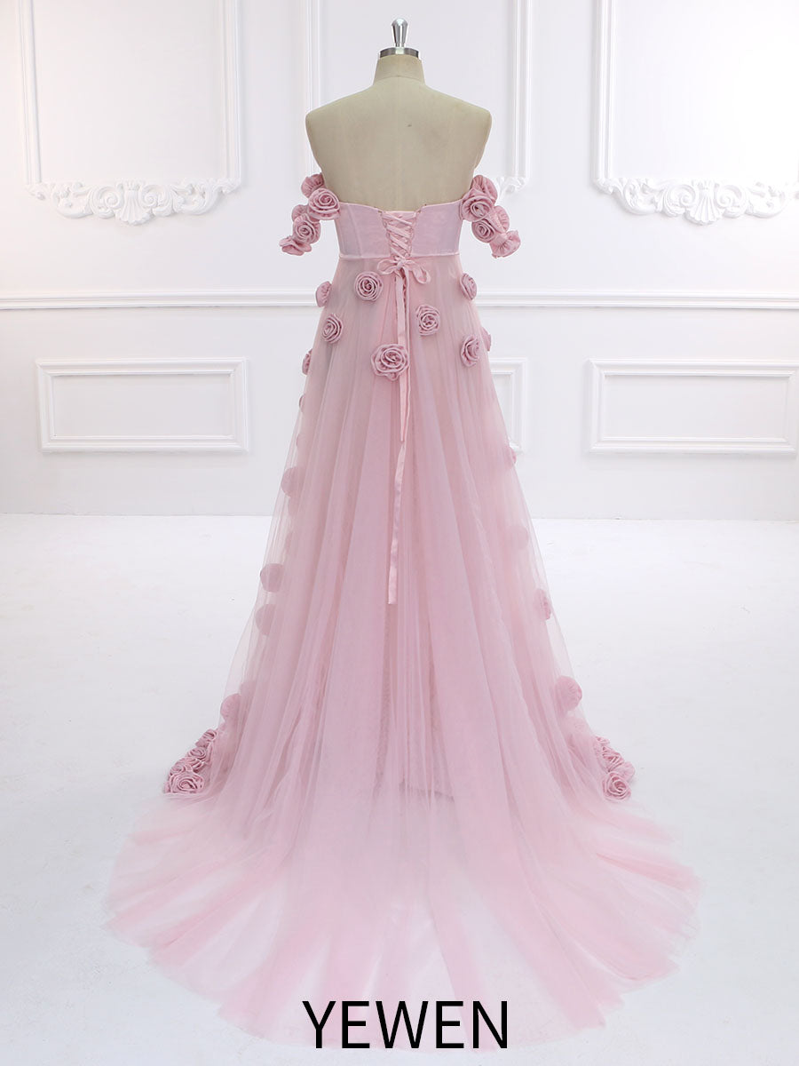 Zartrosa Ballkleid mit handgefertigten 3D-Blumen, schickes Brautkleid für Fotoshootings, YW231136 