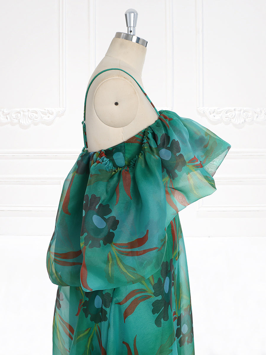 Grünes schulterfreies Maxikleid mit Blumenmuster und Spaghettiträgern, Ball- und Partykleider YW231124 