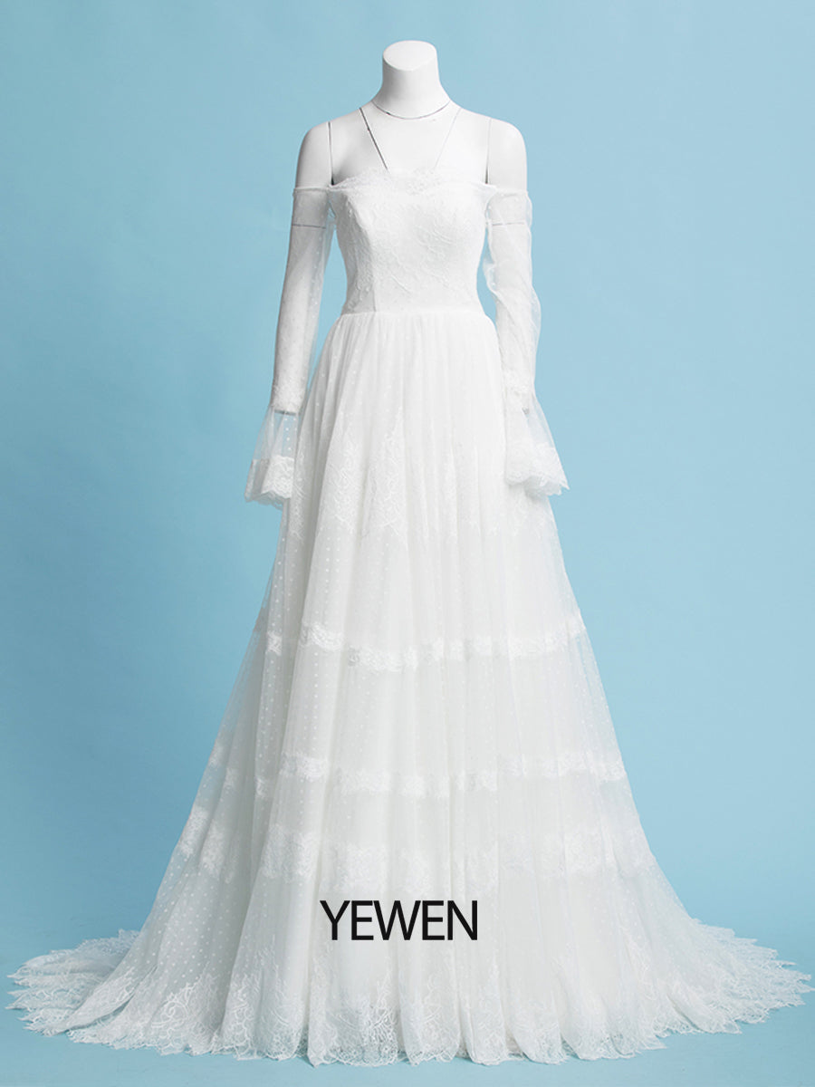 Off the Shoulder Romantisches Bohemian Brautkleid Lange Ärmel Strandhochzeit Brautkleid 