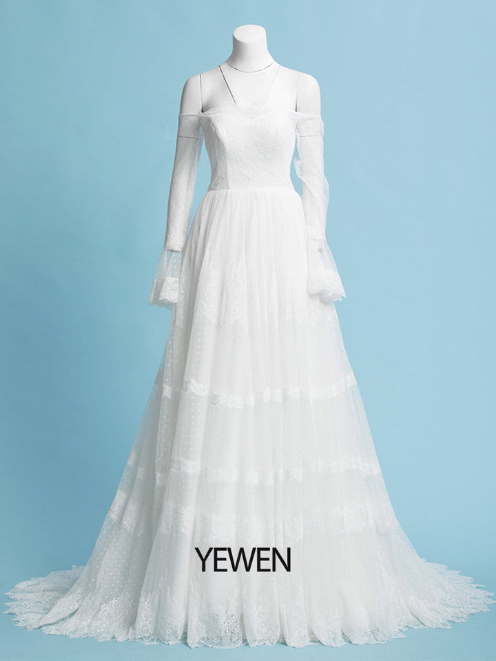 Off the Shoulder Romantisches Bohemian Brautkleid Lange Ärmel Strandhochzeit Brautkleid 