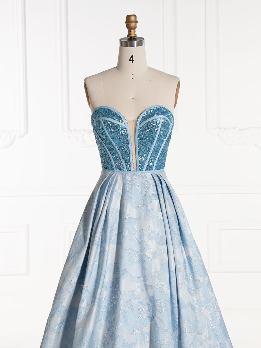 Elegantes, langes Ballkleid aus Jacquard mit herzförmigem Ausschnitt und blauem Pailletten-Korsett-Oberteil YE3011 