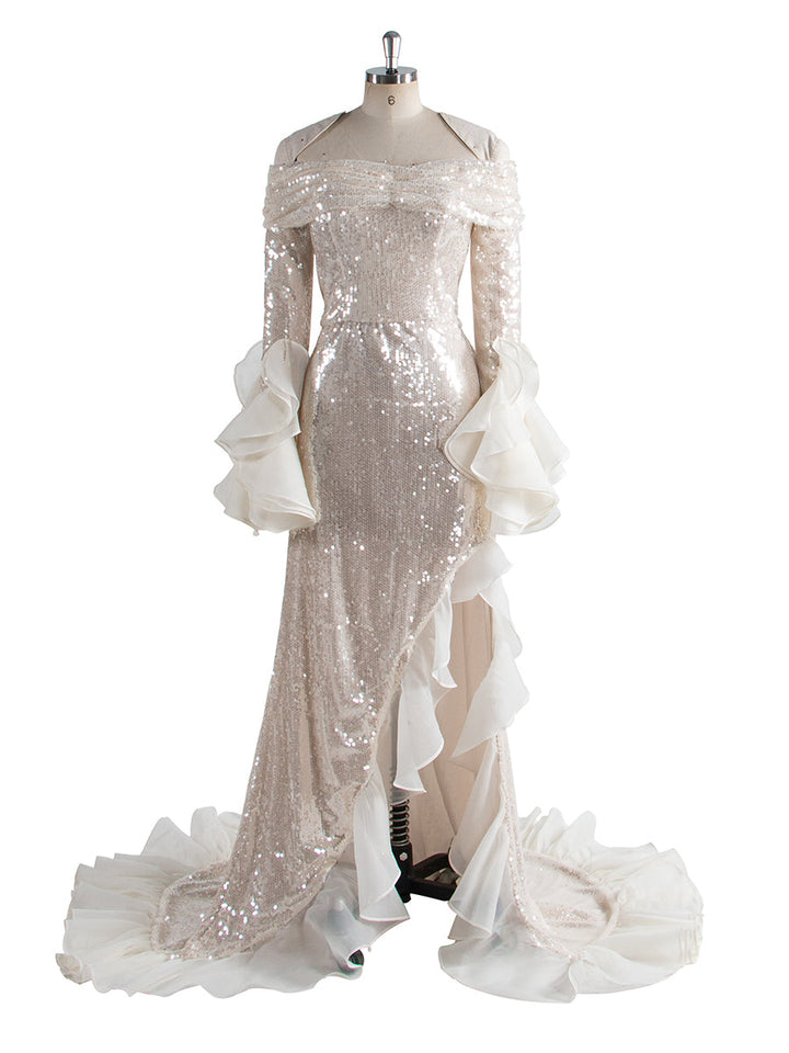 Mode Glänzende Pailletten Prom Party Kleid Langarm Off Schulter Asymmetrische Party Kleid YW250020 