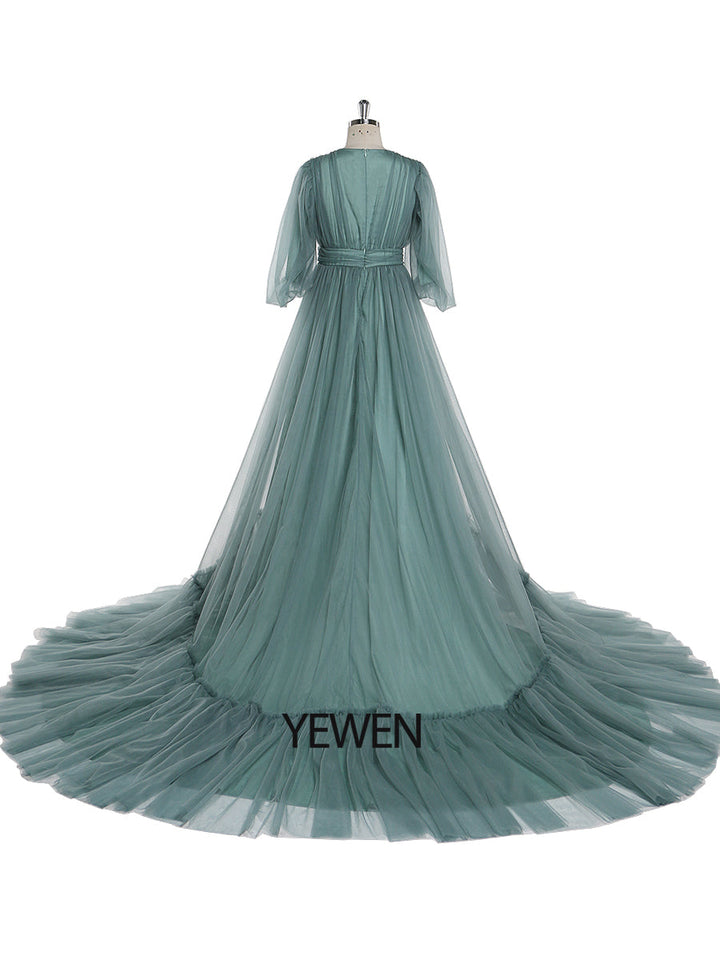 Puffärmel Abendkleid Lang Rundhals Damen Elegant Partykleid Fotoshooting Kleider YEWEN YD21919 