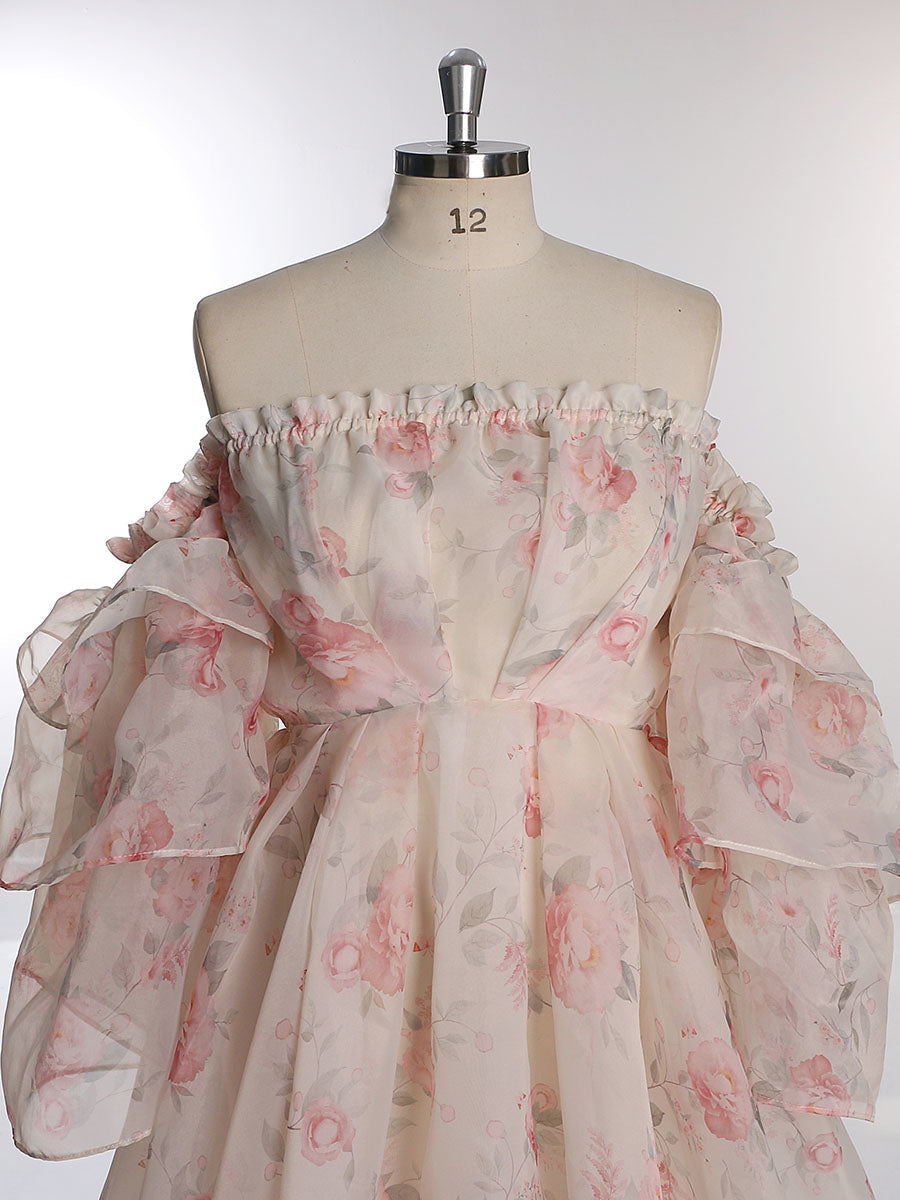 Trägerloses Umstandskleid Fotoshooting Print Floral Seide Weicher Organza Frau Maxikleid Seitenschlitz YW231002 