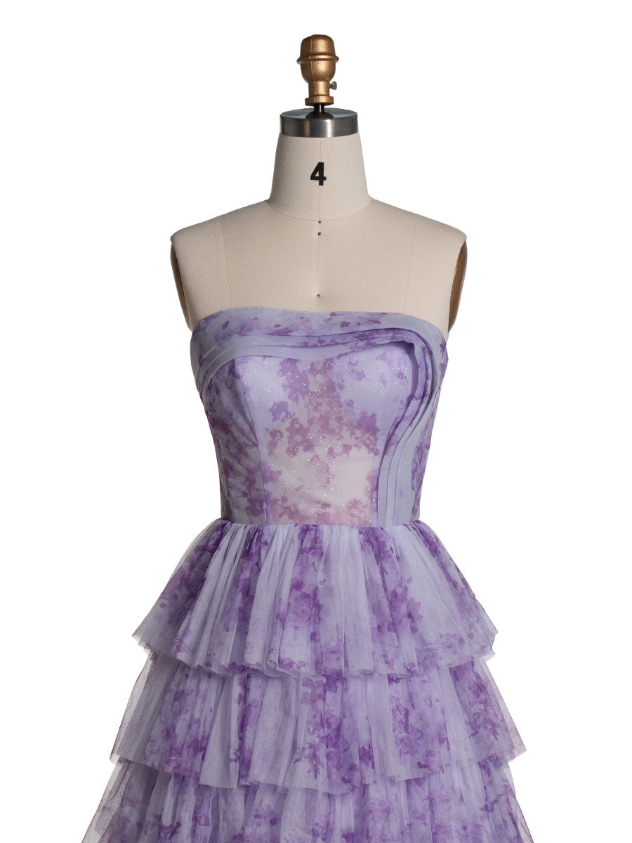 Elegantes lavendelfarbenes Stufenkleid aus mehrlagigem, bedrucktem Tüll, Ball- und Partykleid YE3024 