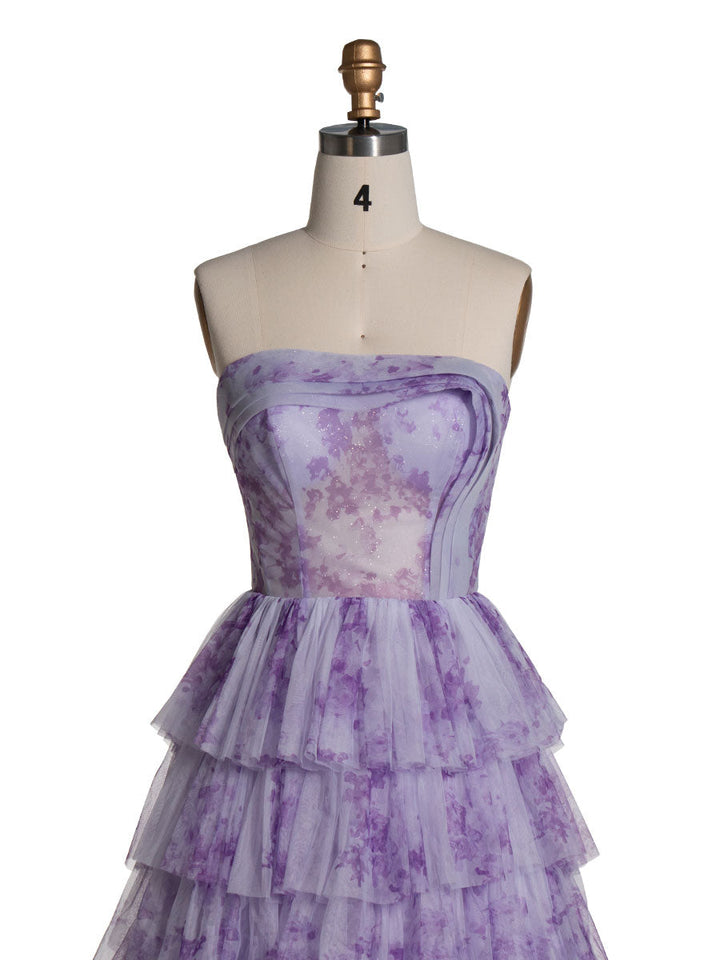 Elegantes lavendelfarbenes Stufenkleid aus mehrlagigem, bedrucktem Tüll, Ball- und Partykleid YE3024 