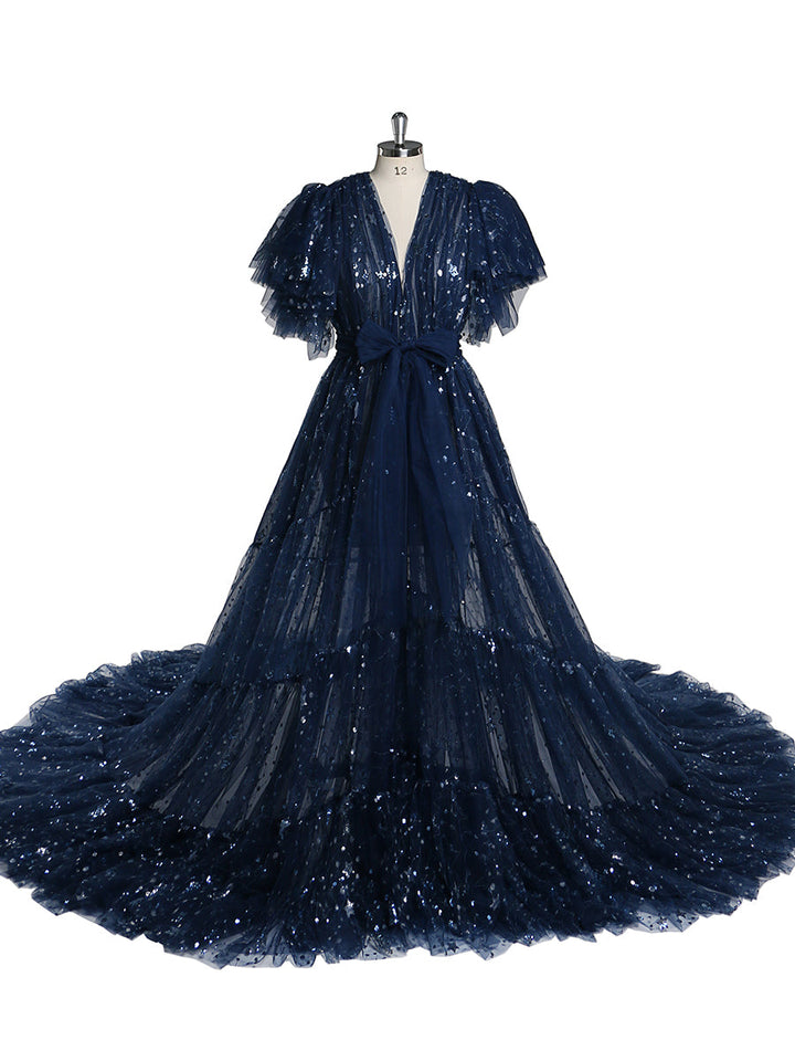 Marineblaues, funkelndes Abendkleid, lang, vorne offen, Rüschenärmel, Fotoshooting-Kleid, kurze Schleppe, Umstandskleid für Babyparty 