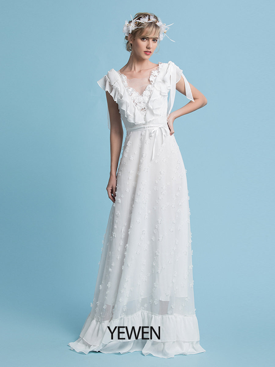Romantische böhmische Brautkleider V-Ausschnitt Chiffon Boho Hochzeit Brautkleid 