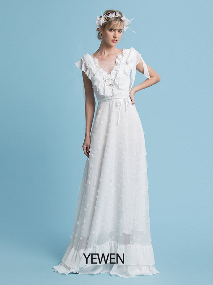 Romantische böhmische Brautkleider V-Ausschnitt Chiffon Boho Hochzeit Brautkleid 
