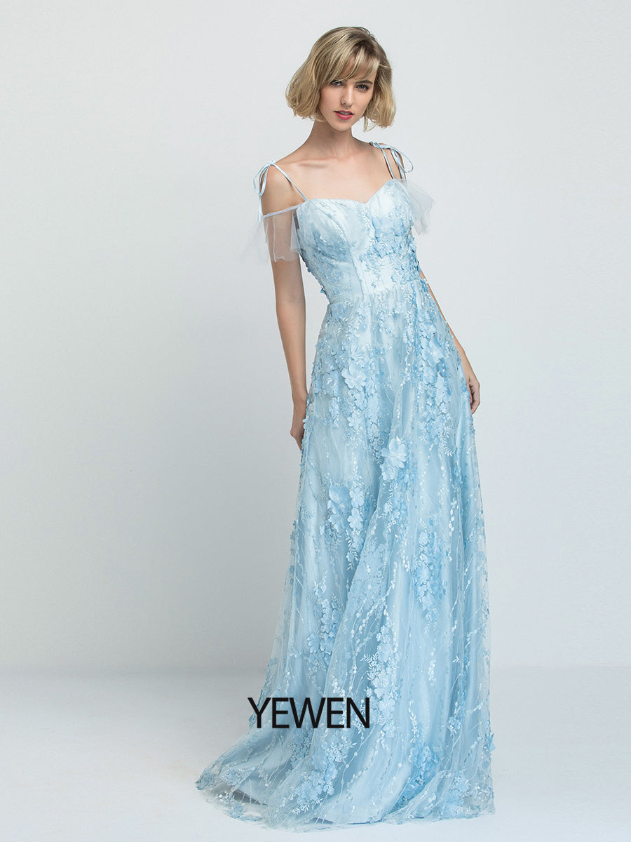 Blaues Ballkleid mit herzförmigem Ausschnitt und Blumenmuster, bodenlanges Tüllkleid 2024 