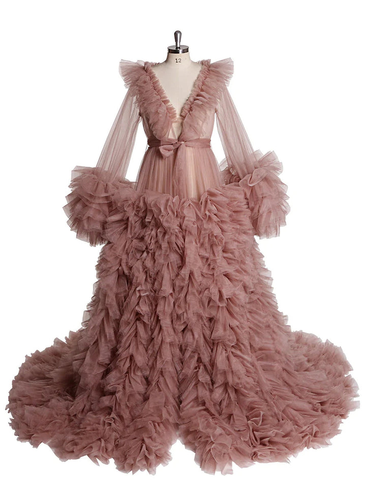 Champagnerfarbenes Umstandskleid mit V-Ausschnitt und Rüschen, langärmlig, für Fotoshootings, Ballkleid 