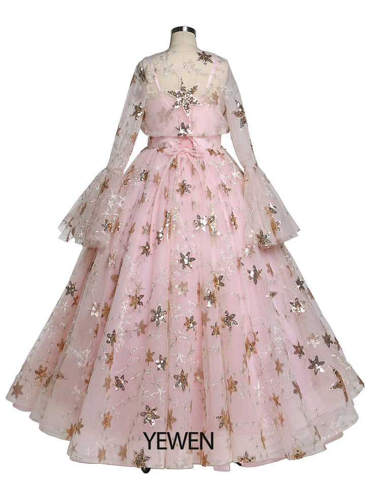 Champagner Stern Tüll Blumenmädchenkleider mit kleinem Umhang für Hochzeiten Geburtstagsfeiern Prinzessin Kinder Fotoshooting Kleid YEWEN YW211225 