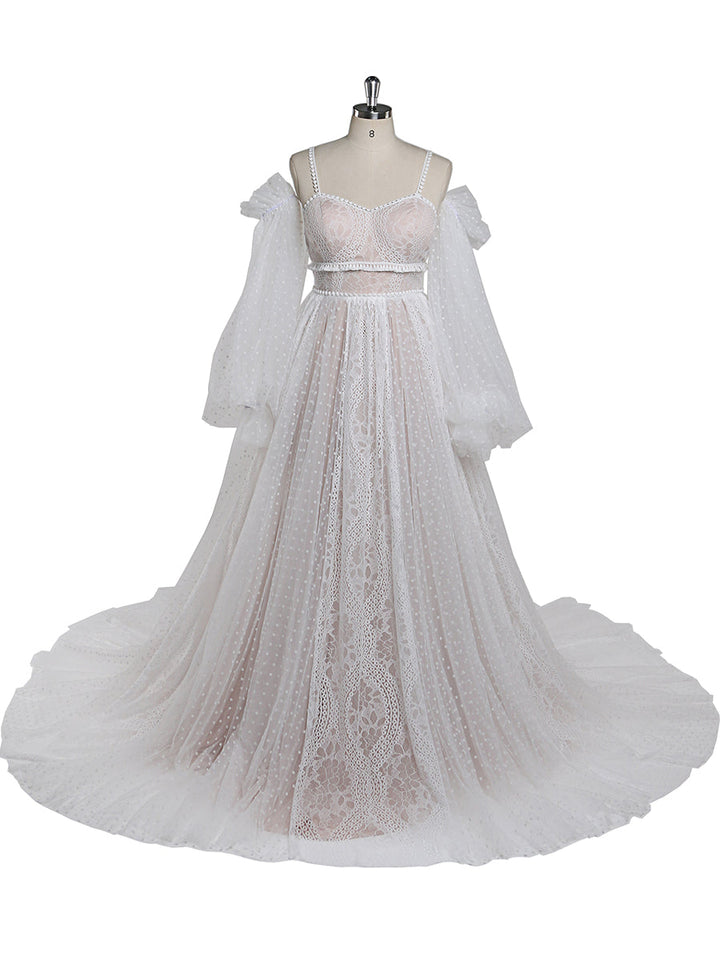 Dot Tüll mit Spitze Farben der Brautkleider Langarm Bohemian Spitze Brautkleid YW220107
