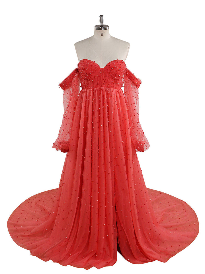 Schulterfreies, elfenbeinfarbenes, langärmliges Umstandskleid mit Perlen vorne und offen, Fotoshooting-Kleid für Damen LT024 
