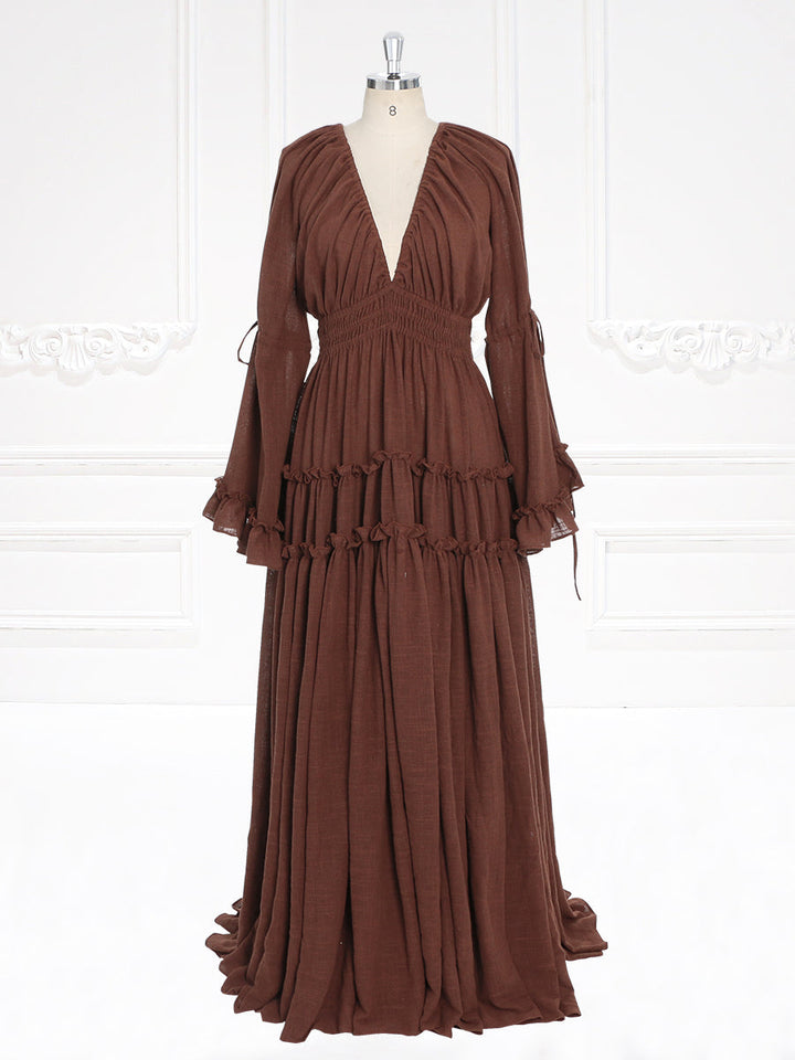 Long Sleeves Cotton Woman Maxi Dresses Side Slit Photo Shoot Dress YEWEN YW231092