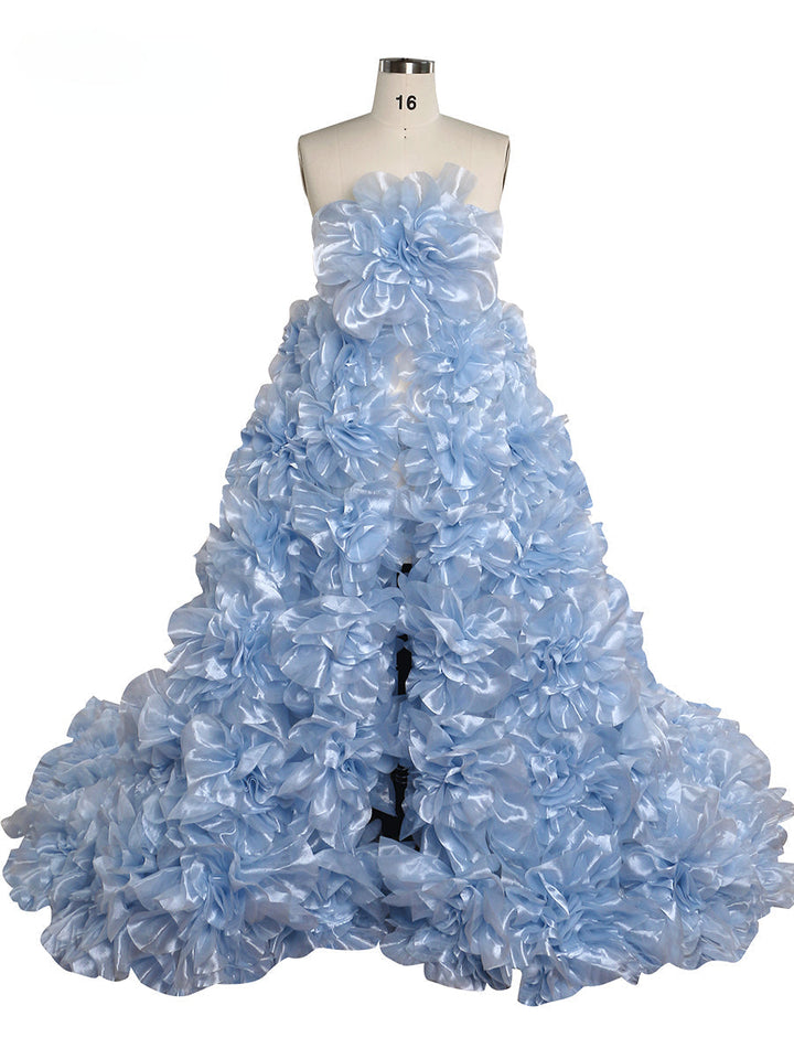 Trägerloses Organza-Umstandskleid mit 3D-Blumen für Fotoshootings, Babyparty, Fotografie-Kleider YW220308 
