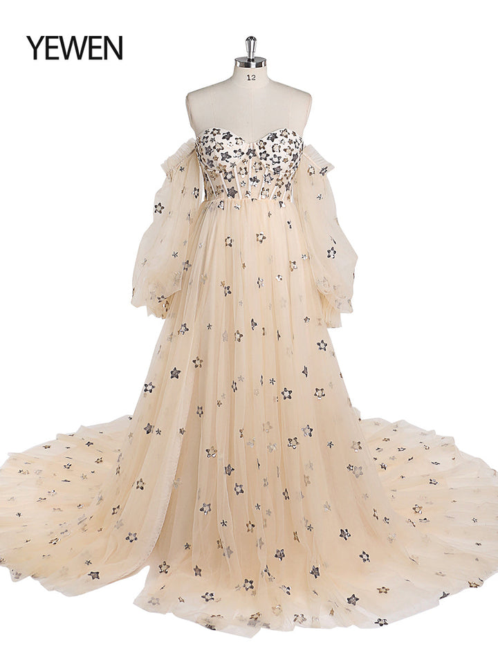 Abendkleid mit funkelnden Sternen, lang, abnehmbare Ärmel, formelles Partykleid, Fotoshooting-Kleid, Übergröße, YW220311 