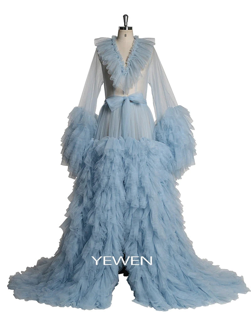 Champagnerfarbenes Umstandskleid mit V-Ausschnitt und Rüschen, langärmlig, für Fotoshootings, Ballkleid 