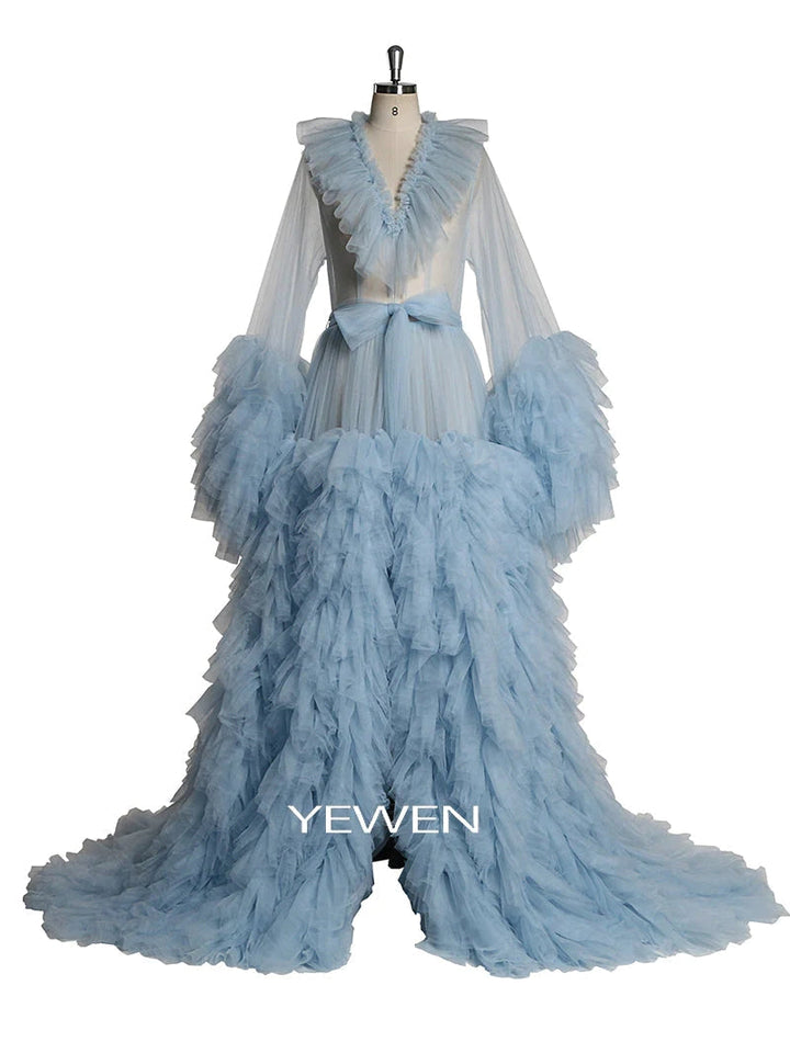 Champagnerfarbenes Umstandskleid mit V-Ausschnitt und Rüschen, langärmlig, für Fotoshootings, Ballkleid 