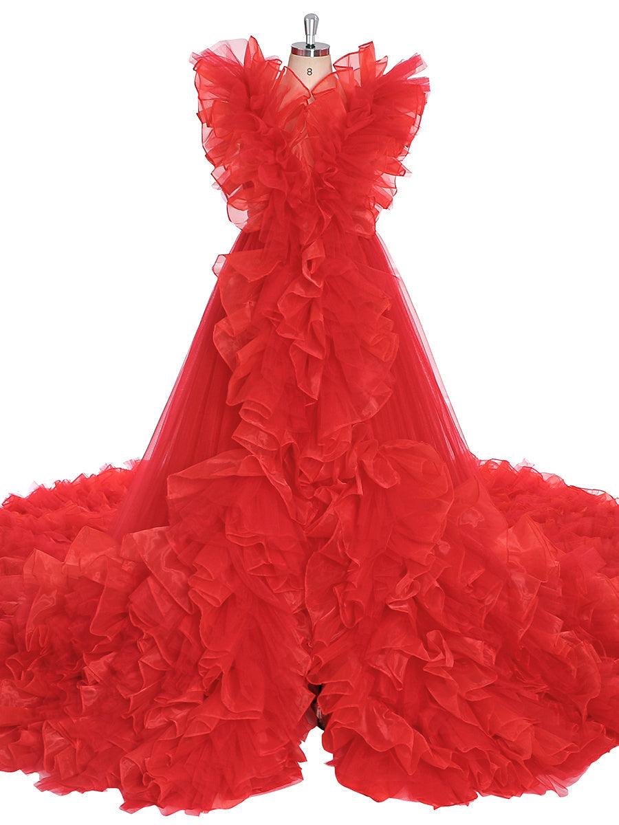 Long Train Ruffles, Tulle Red Wedding Dress, Photo Shoot Dress