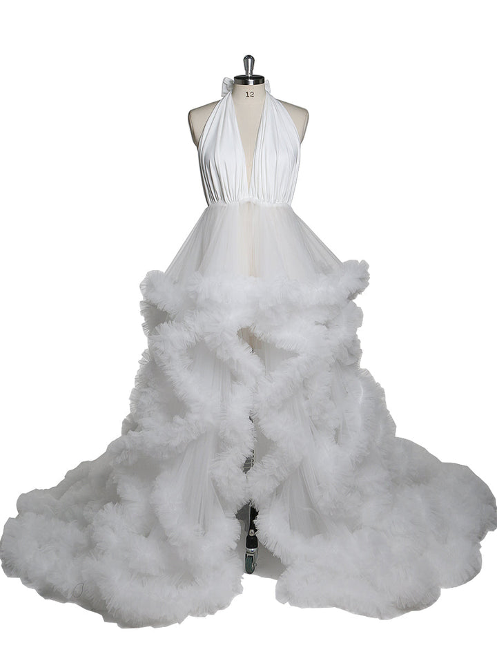 V-Ausschnitt Rückenfreies Wolkenrüschen Brautkleid Umstandskleid für Fotoshooting YW220116 