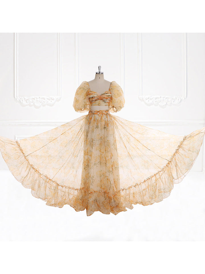 Zweiteiliges A-Linien-Blumenkleid mit Ballonärmeln, elegantes Ballkleid für Fotoshootings, Fotografiekleid YW231117 