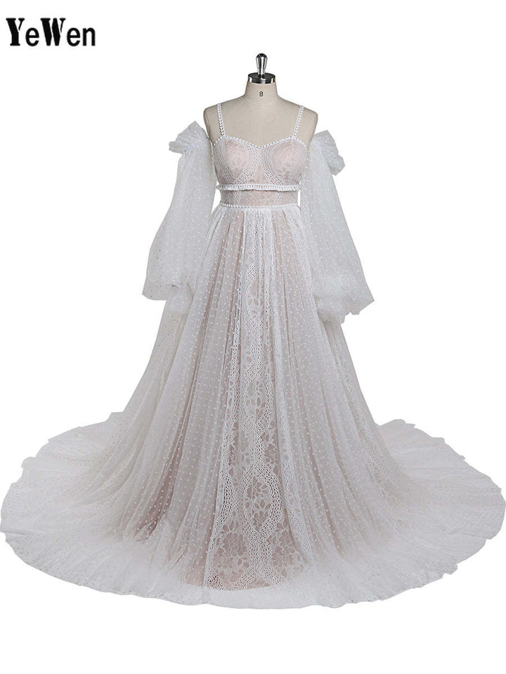 Dot Tüll mit Spitze Farben der Brautkleider Langarm Bohemian Spitze Brautkleid YW220107