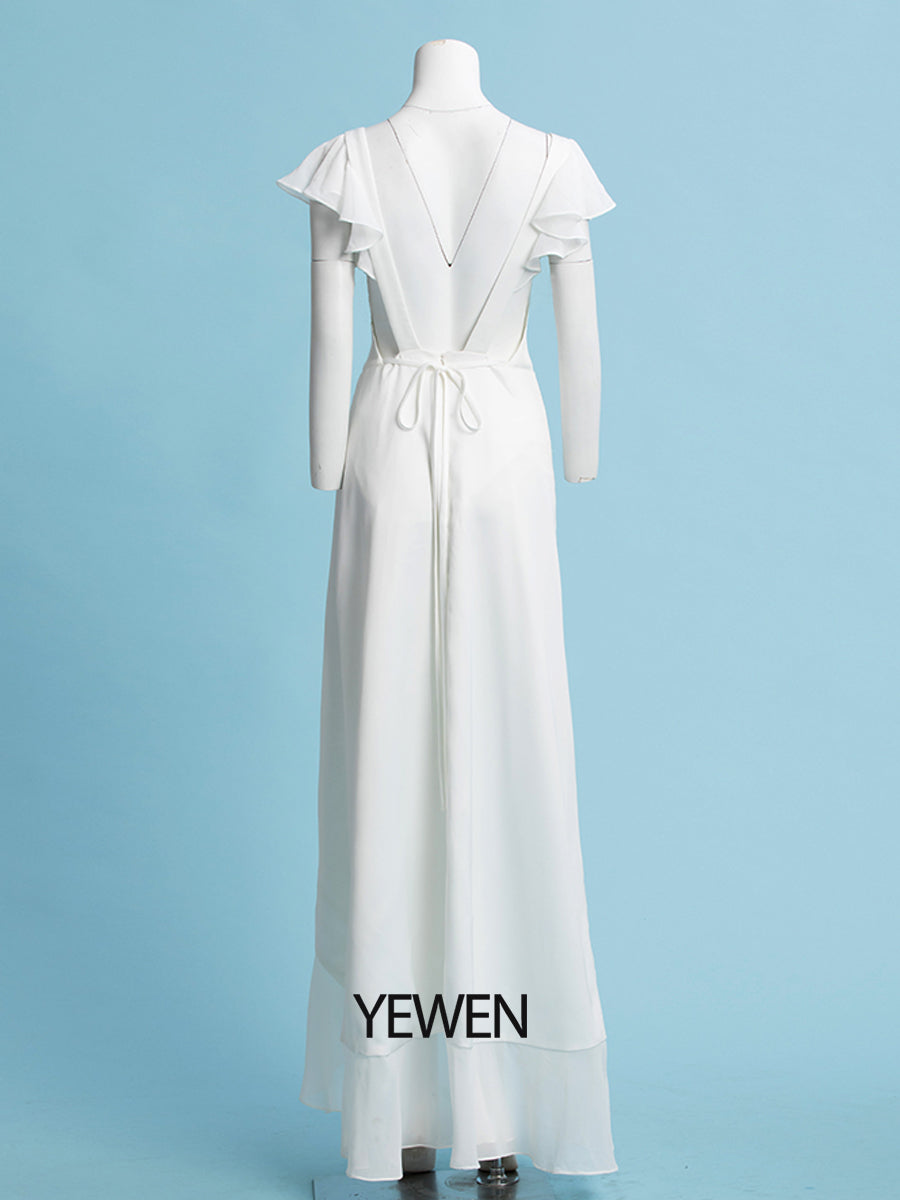 Etui-Linie/Säule Chiffon Ärmel V-Ausschnitt Brautkleid Bodenlang 