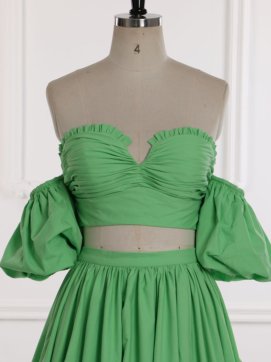 Zweiteiliges Set Grünes Ballkleid Elastische Taille Bindeband am Rücken Umstandskleid Fotoshooting-Kleid YW231155 
