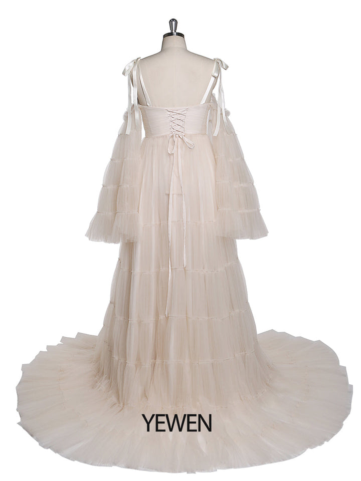 Plissiertes Umstandskleid aus Tüll für Fotoshootings, große ausgestellte Ärmel, Fotoshooting-Kleid für Damen, YW21025