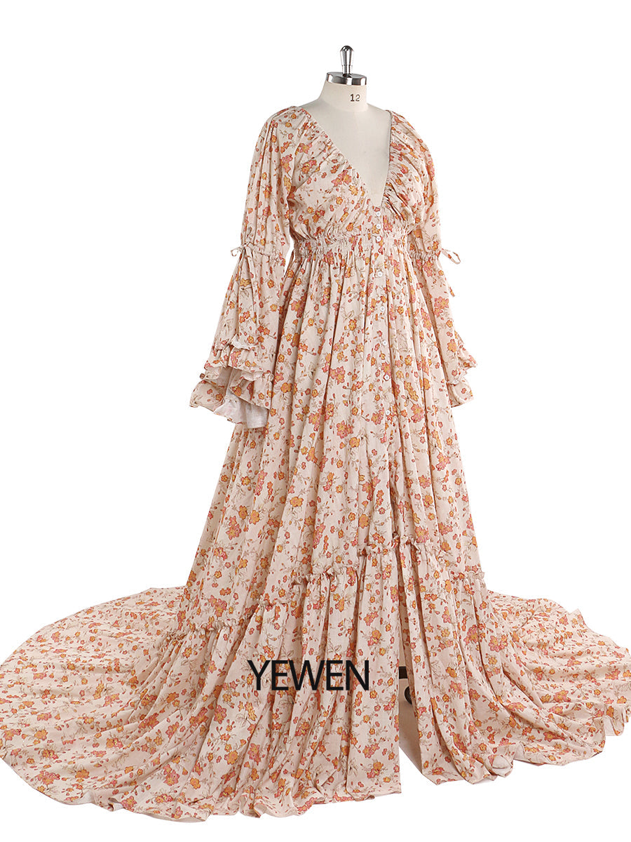 Elegantes Maxikleid mit V-Ausschnitt und Blumendruck für Damen, Boho-Stil, Strandkleid, Umstandskleid, ausgefallene Fotografie-Requisiten, YEWEN