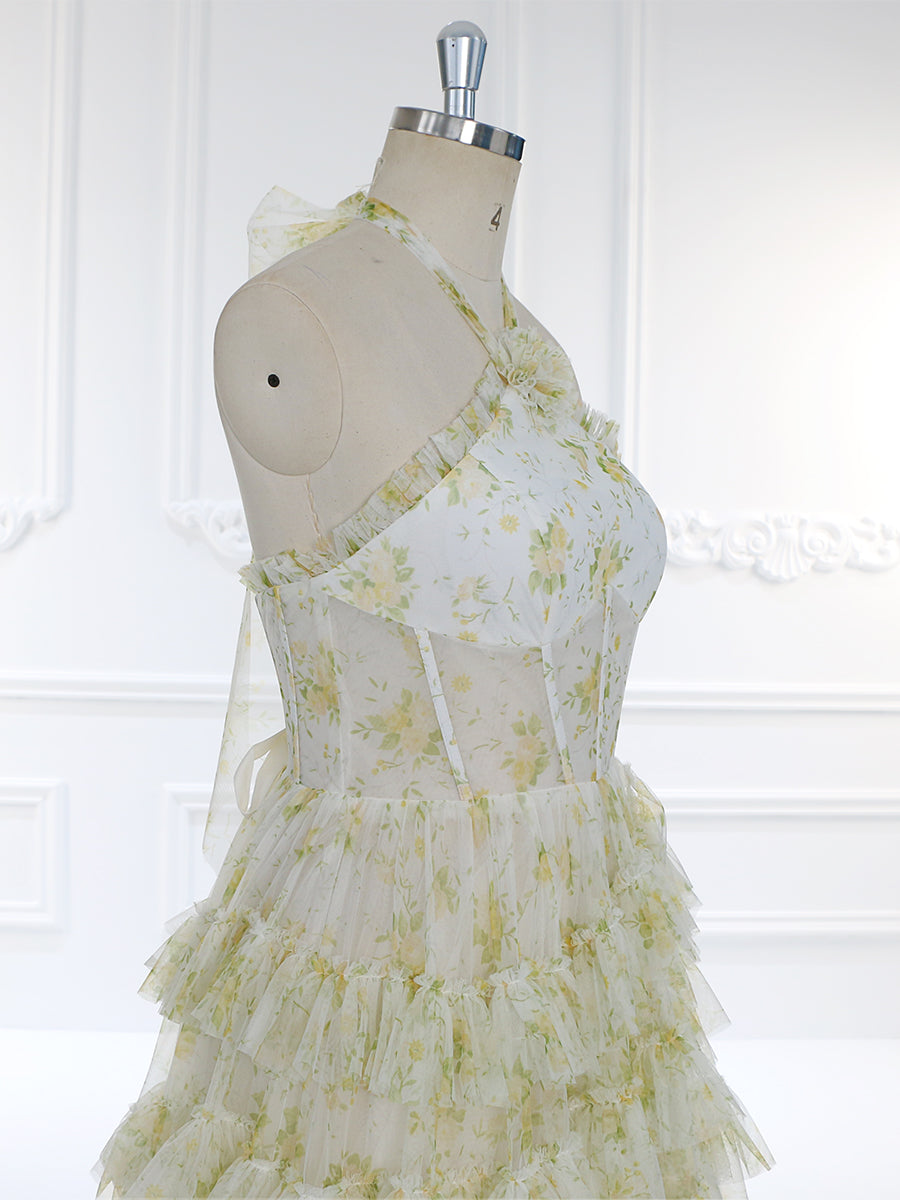 Floral Tulle Print Prom Gown with High Neckline Sheer Corset Bodice and Ruffle Skirt Photography Dresses YW231102