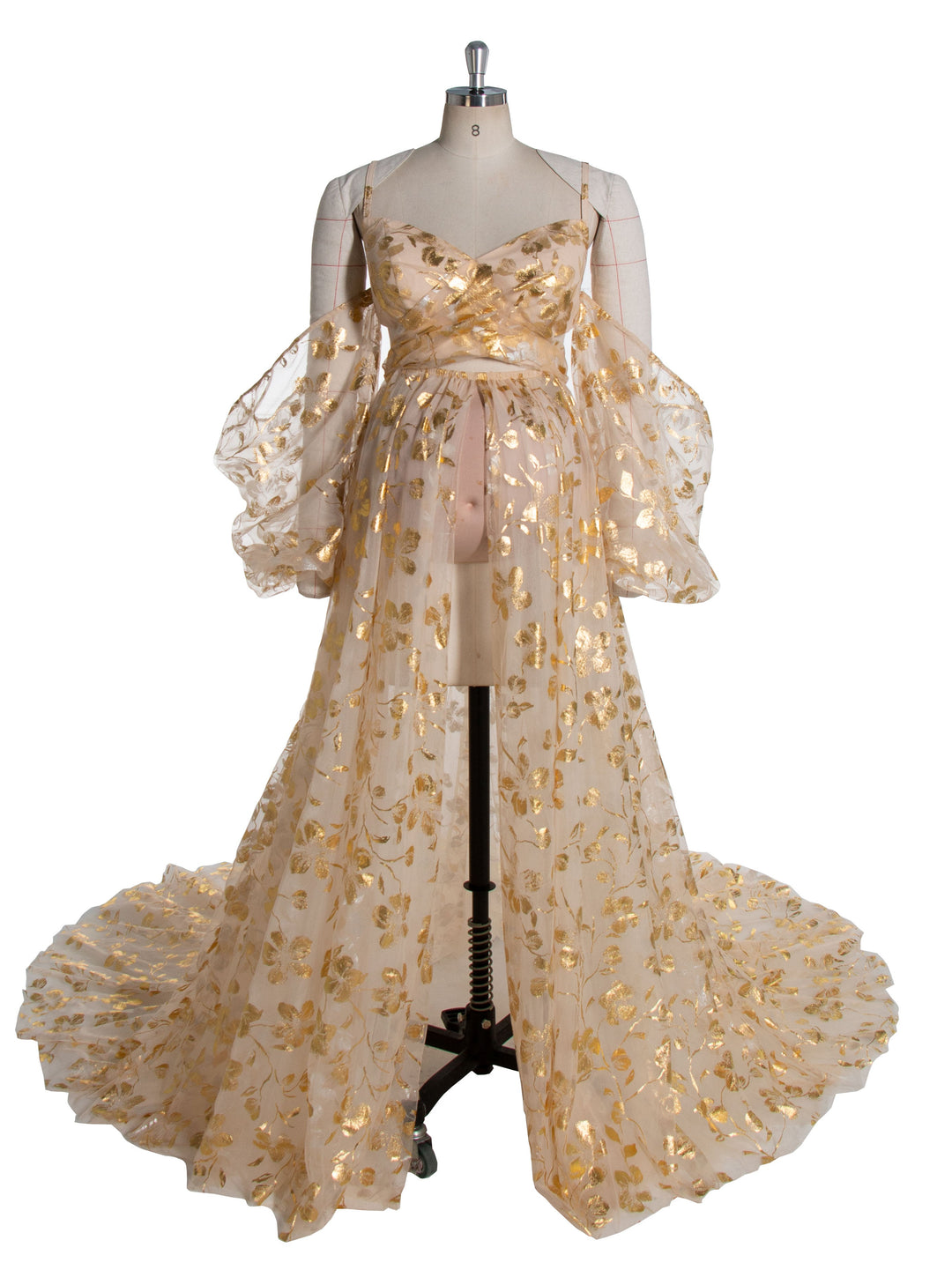Stunning Gold ,Tulle Dress with Long Train Maternity Shoot Pregnancy Dresses for Photo Shoots 