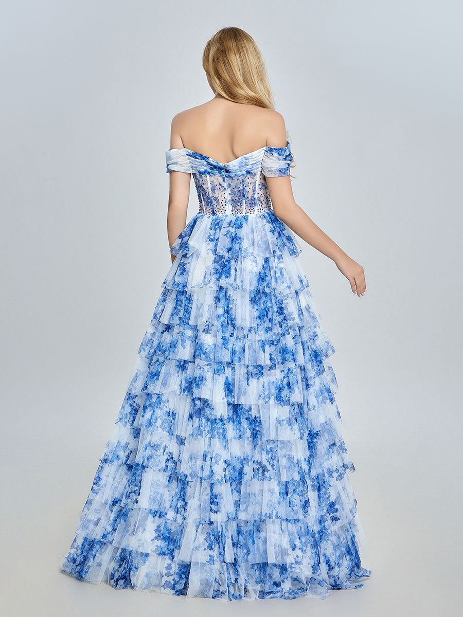 Blaues schulterfreies Ballkleid aus floralem Tüll mit mehreren Lagen YE3025 