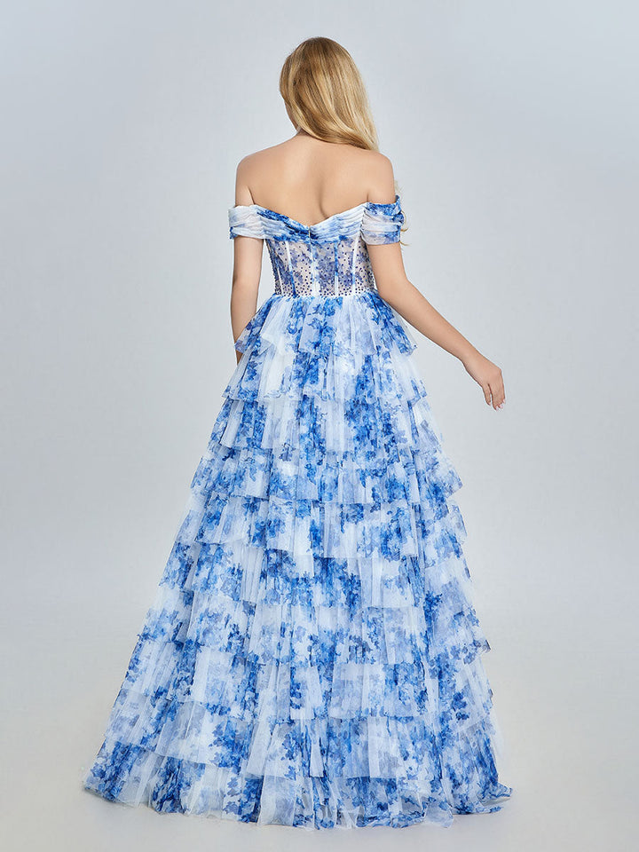 Blaues schulterfreies Ballkleid aus floralem Tüll mit mehreren Lagen YE3025 