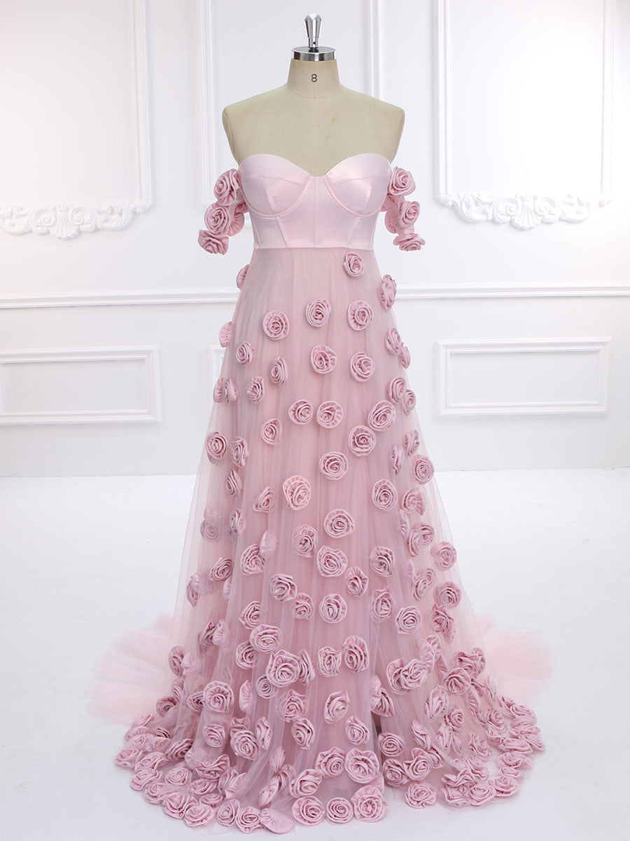 Zartrosa Ballkleid mit handgefertigten 3D-Blumen, schickes Brautkleid für Fotoshootings, YW231136 