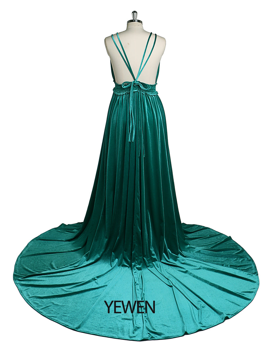 Samtkleid mit V-Ausschnitt, elastischer Taille und Seitenschlitz, langes Fotoshooting-Kleid YD21827 