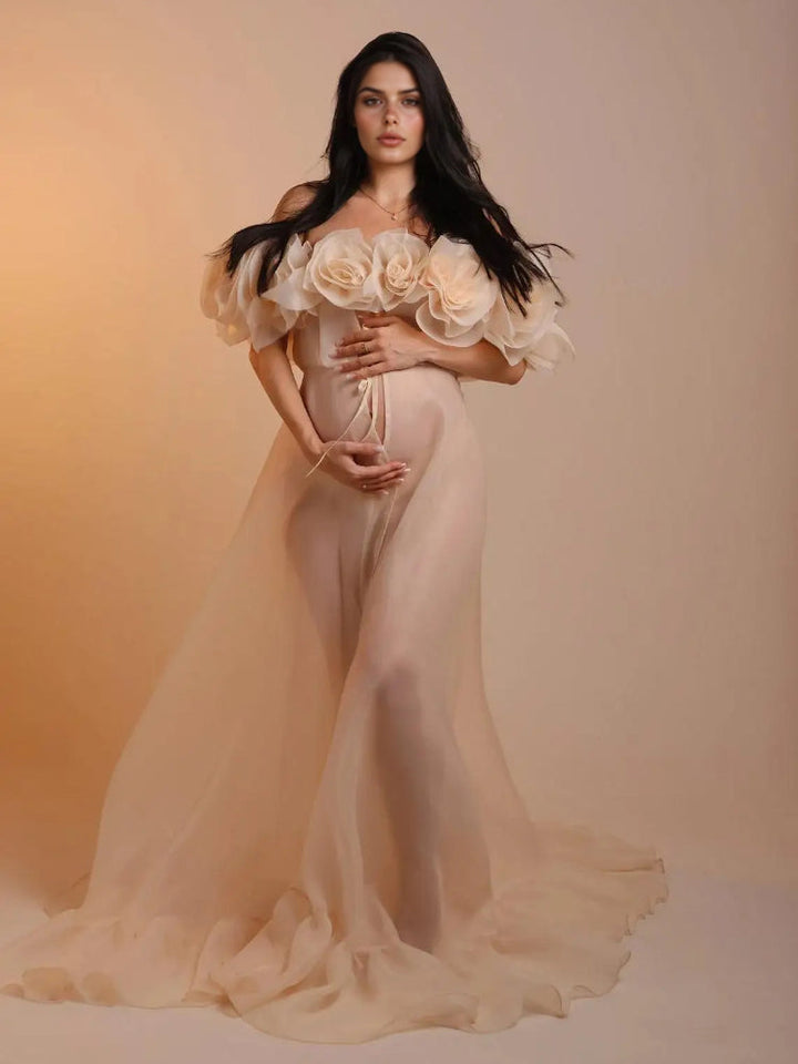 Umstandskleid für Fotoshootings, durchsichtiges Umstandskleid mit 3D-Blumen, transparentes Organza-Schwangerschaftskleid für Babyparty, YW250023 