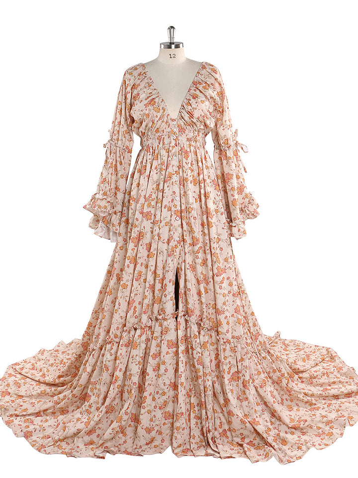Elegantes Maxikleid mit V-Ausschnitt und Blumendruck für Damen, Boho-Stil, Strandkleid, Umstandskleid, ausgefallene Fotografie-Requisiten, YEWEN
