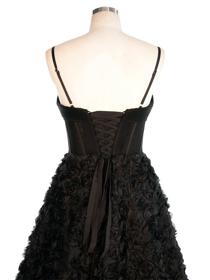 Schwarzes A-Linien-Kleid mit Korsett-Mieder, Mesh-Rosen-Abendkleid YW240043 