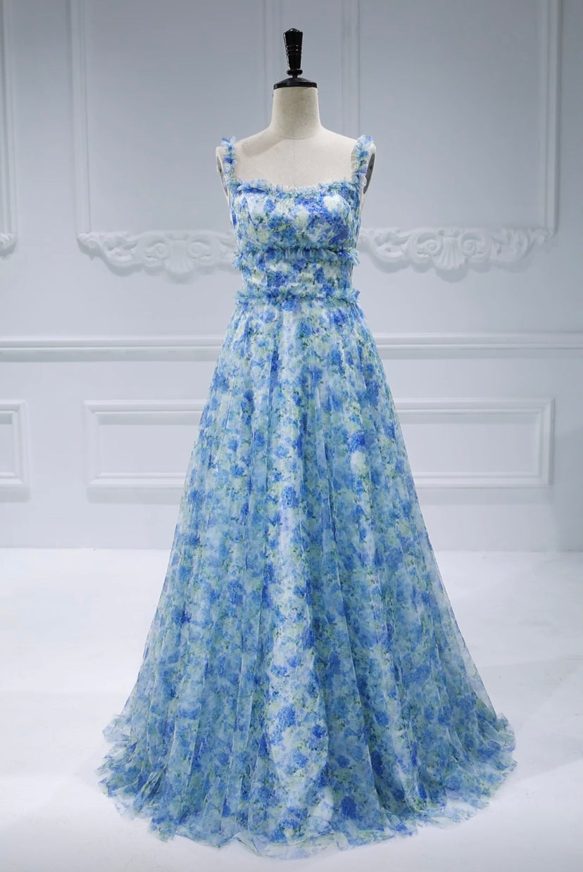 Spaghetti Strap, Sweatheart Floral Printed Ruffle, Trim Long Gown, Prom Party Dress