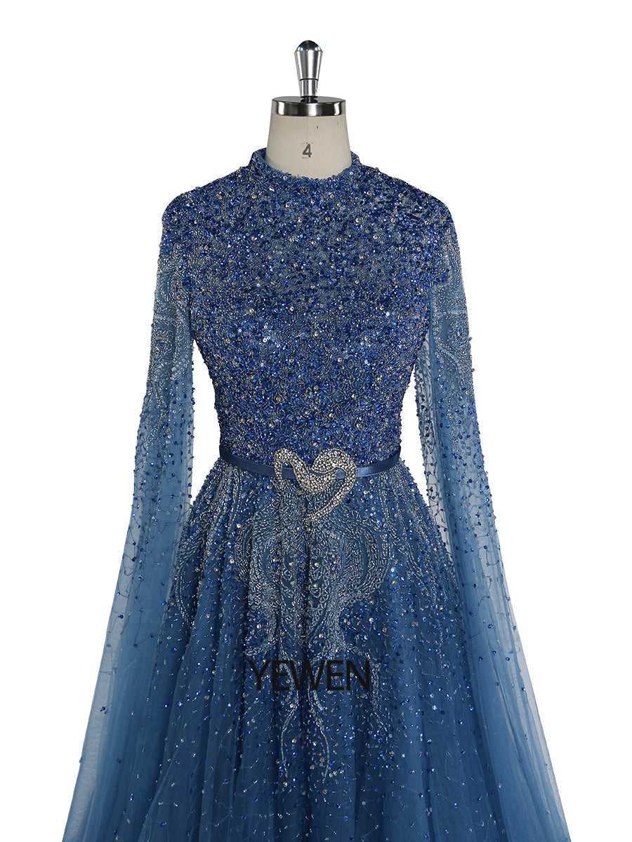 Blaue A-Linie High-End Perlen Luxus Cape Ärmel Abendkleider YEWEN 