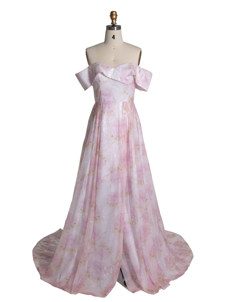 Elegantes A-Linien-Ballkleid mit schulterfreiem, rosafarbenem Print YE3019 