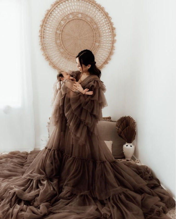 Tüll-Robe Umstandskleid für Fotoshootings Gerüschte Vorderseite Offenes Abendkleid Fotografiekleid YEWEN YW220934-1 