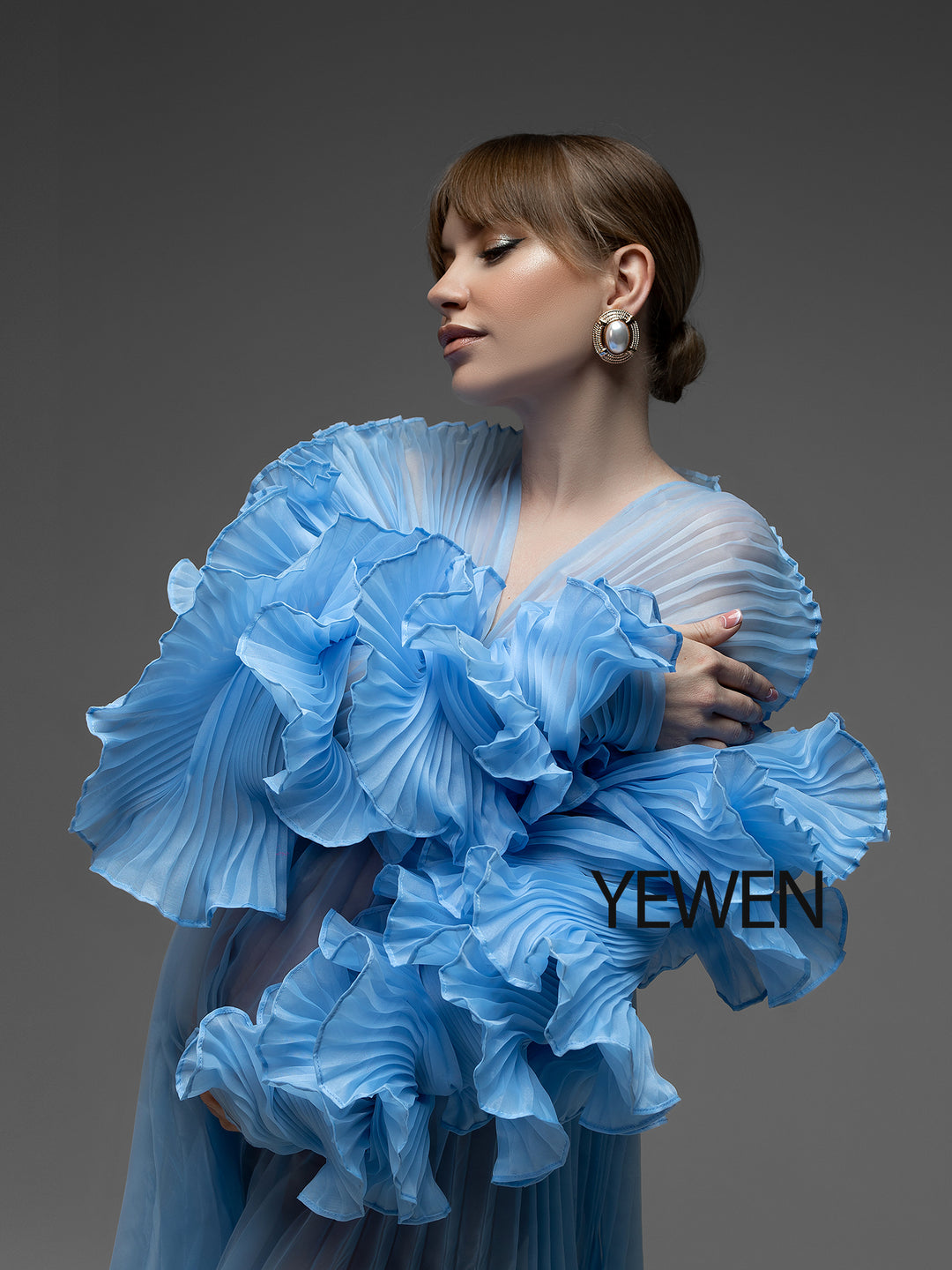 V-Ausschnitt, plissiertes Organza-Umstandskleid für Fotoshootings, langes Kleid für Schwangerschafts-Shootings, Babyparty-Kleider YW243116 