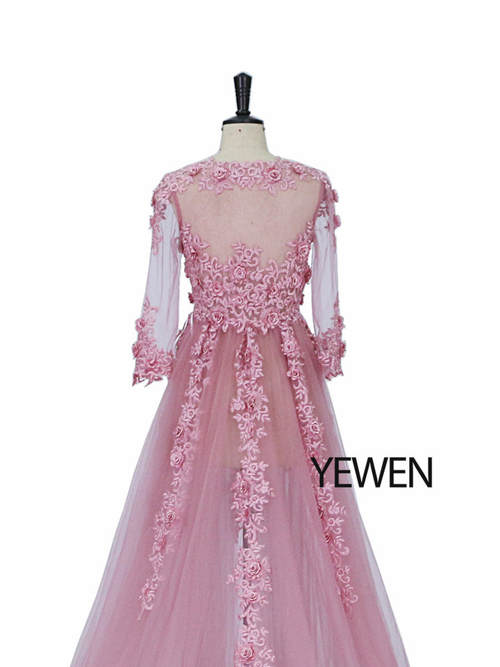 Elegante Abendkleider mit Tüllapplikationen und Spitze, V-Ausschnitt, halbe Ärmel, vorne offen, Oldrose, Strandstil, Partykleider, Robe de Soiree, YeWen
