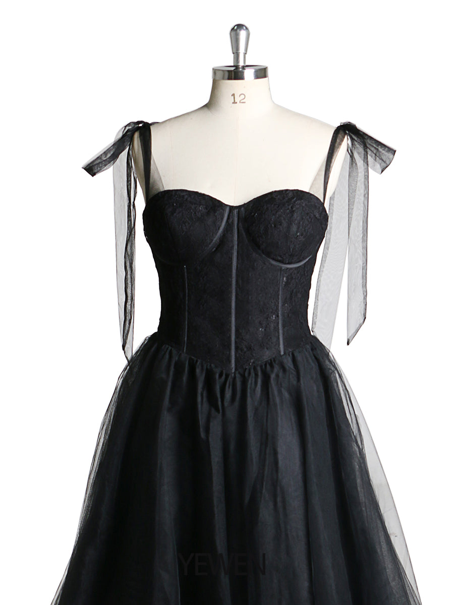 Schwarzes, schlichtes Partykleid mit Spaghettiträgern, formelles Tüllkleid, Abendkleid 