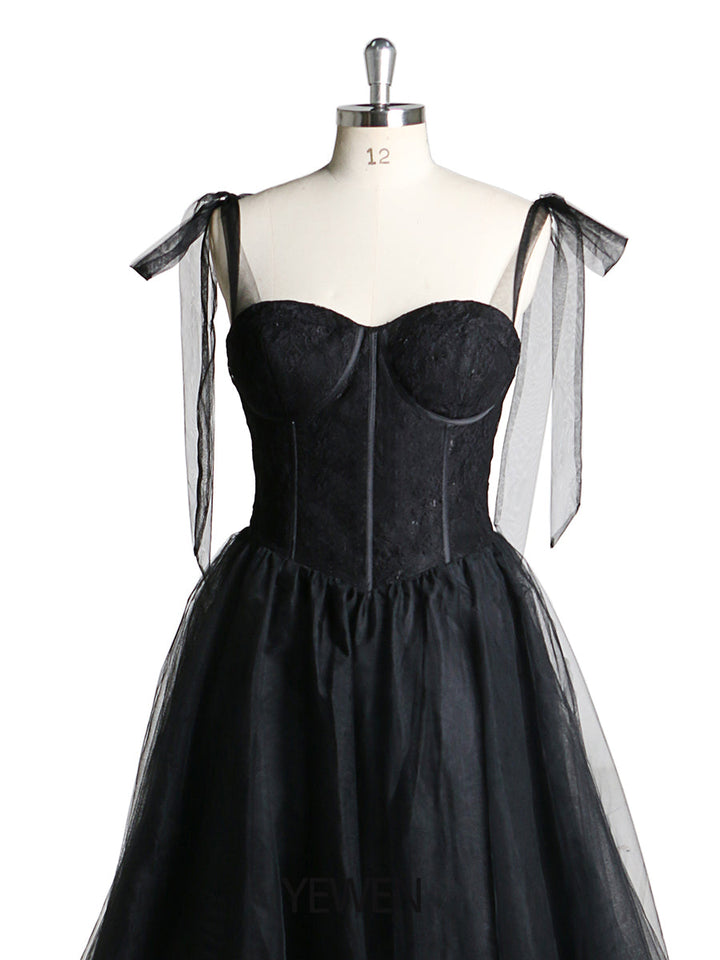 Schwarzes, schlichtes Partykleid mit Spaghettiträgern, formelles Tüllkleid, Abendkleid 