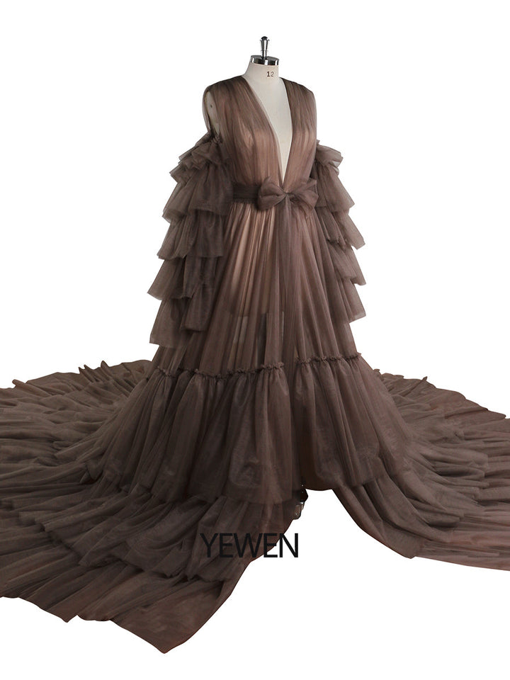 Tüll-Robe Umstandskleid für Fotoshootings Gerüschte Vorderseite Offenes Abendkleid Fotografiekleid YEWEN YW220934-1 